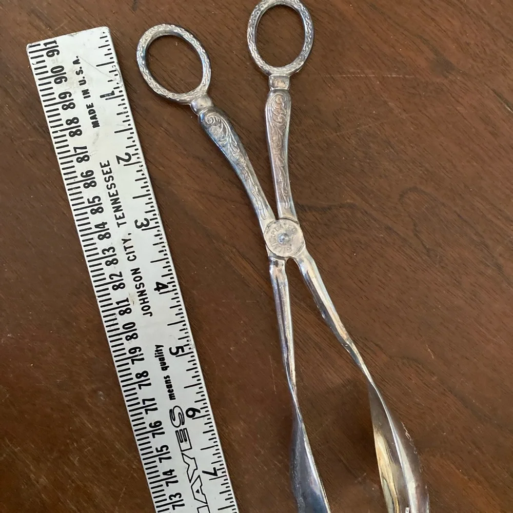 Vintage Silver plated Serving Tongs scissor style w/ fruit design spoon & spork
